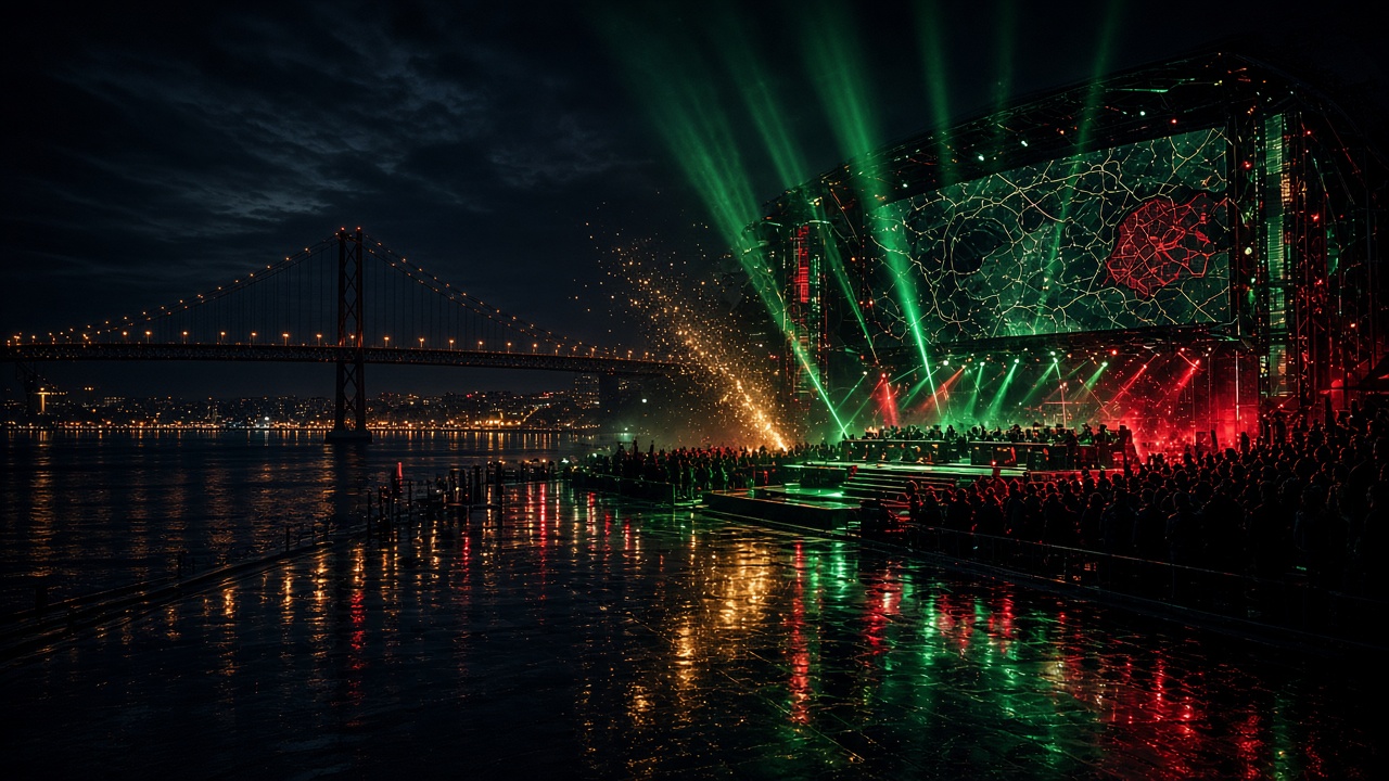 Palco de esports em Lisboa com iluminação verde e vermelha