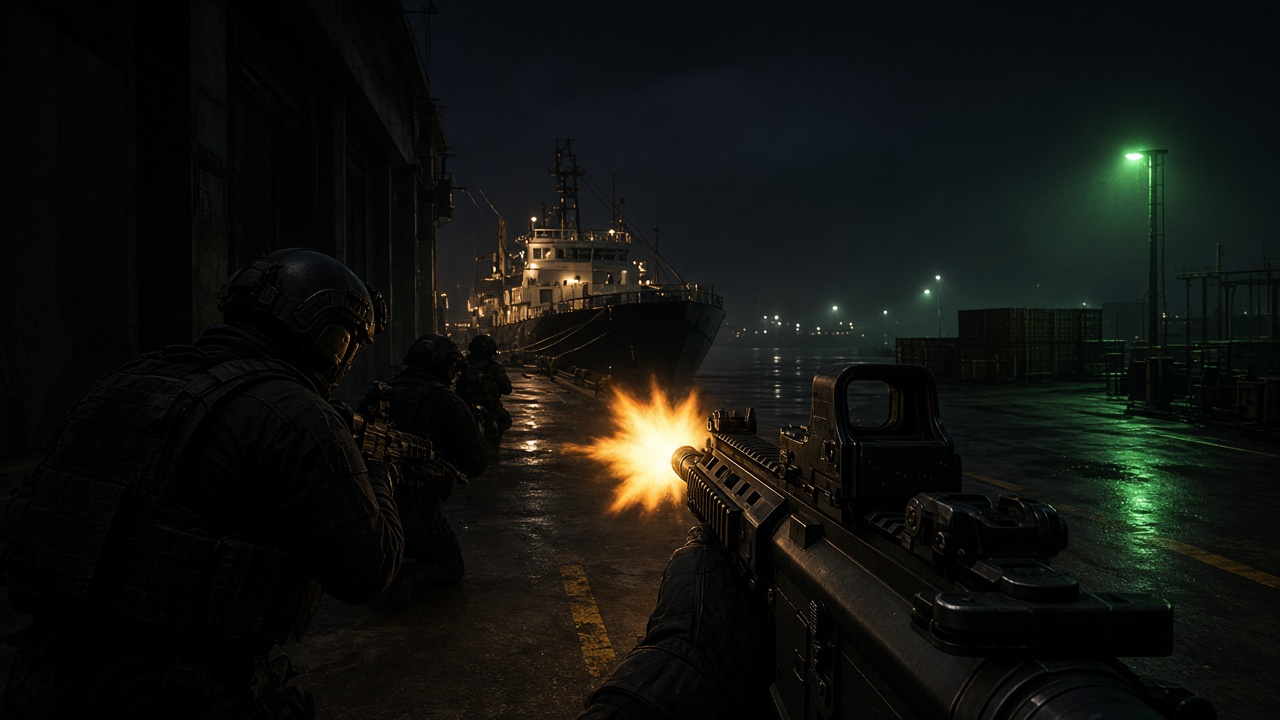 Operadores em cais industrial ao estilo Counter-Strike 2