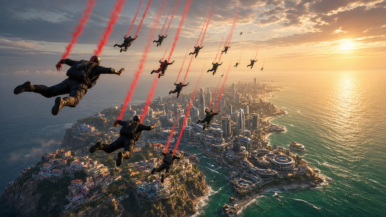 Cena aérea competitiva sobre uma costa